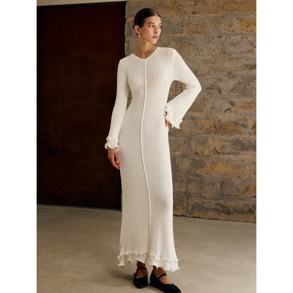 Commense Cream Ribbed Maxi Dress with Ruffle Cuffs - Picture 2 of 5